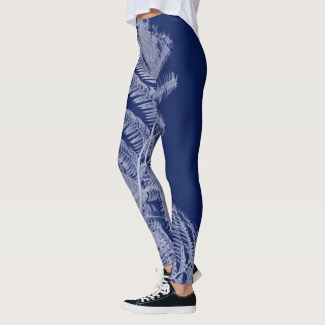 Fern Blätter Texture Sketch White Blue Leggings (Links)
