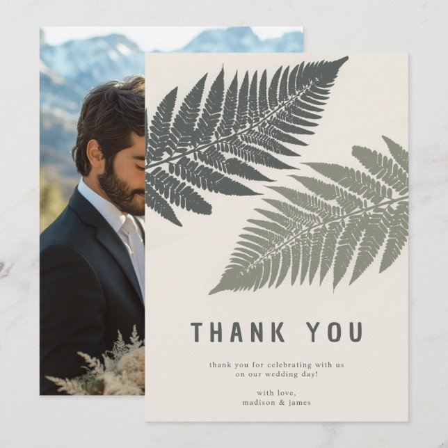 Fern Botanical Modern Minimal Woodland Wedding Dankeskarte (Vorne/Hinten)