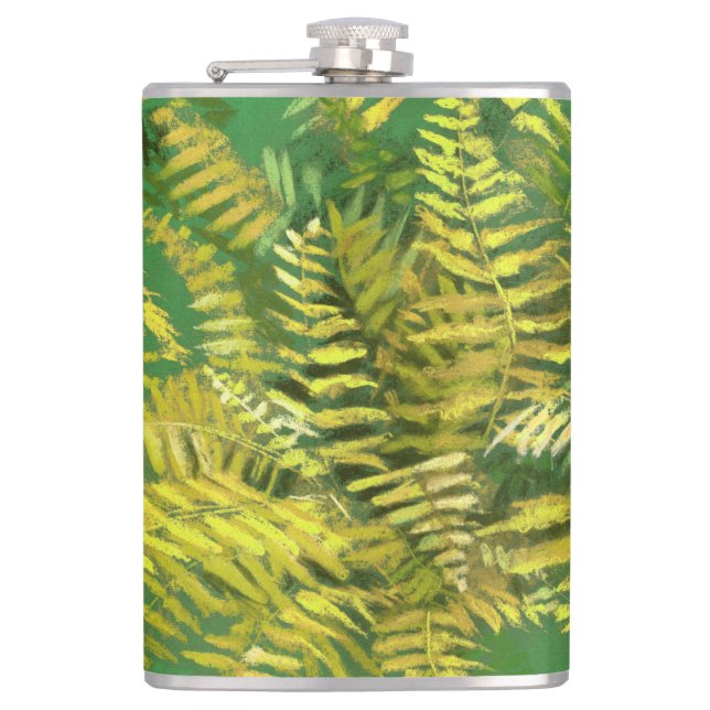Fern, Fronten, Blumengrün, goldgelb Flachmann (Vorderseite)