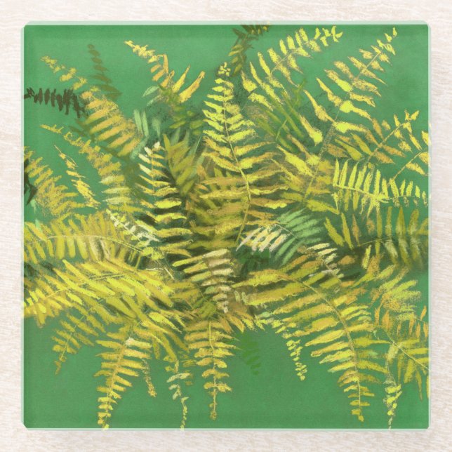 Fern, Fronten, Blumengrün, goldgelb Glasuntersetzer (Vorderseite)