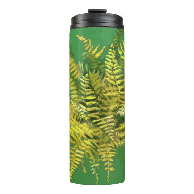 Fern, Fronten, Blumengrün, goldgelb Thermosbecher (Vorderseite)
