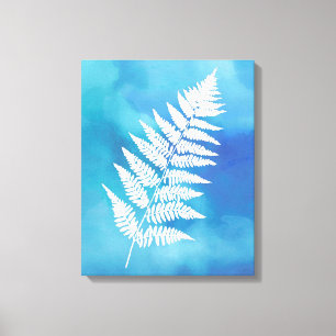 Fern Frontend, weiß auf blauem Aquarell Hintergrun Leinwanddruck