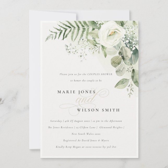 Fern Green Blanc Floral Couples Douche Invitation (Devant)