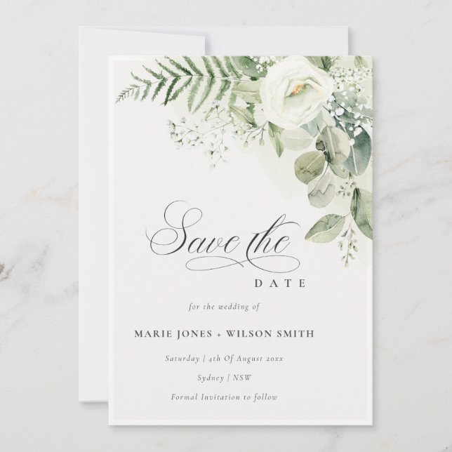 Fern Green Floral Blanc Sauvez La Date Invitation (Devant)