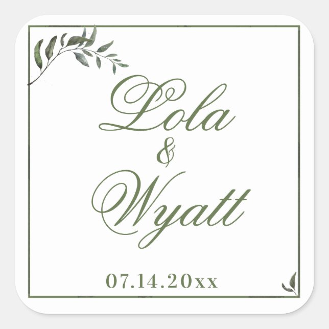 Fern Green Willow Branch Elegante Hochzeit Quadratischer Aufkleber (Vorderseite)