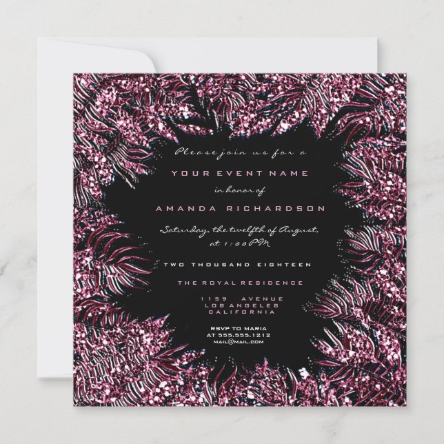 Fern Leafs Gerahmte Kristalle Burgundy Pink Black Einladung (Vorderseite)