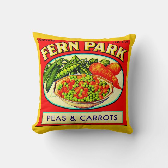 Fern Park Erbsen- und Karottenlabel der 30er Jahre Kissen (Vorderseite)