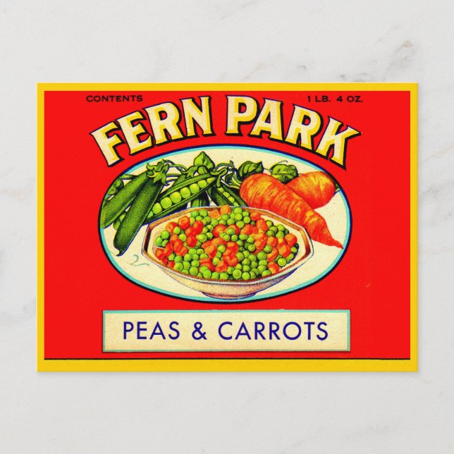 Fern Park Erbsen- und Karottenlabel der 30er Jahre Postkarte (Vorderseite)