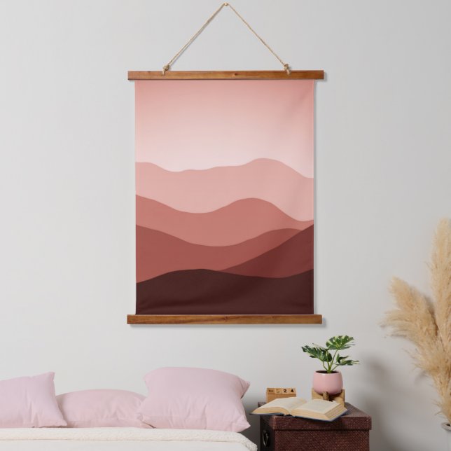 Ferngebirge Dunkelrot-blaue Korallenuntergang Wandteppich Mit Holzrahmen (Schlafzimmer)