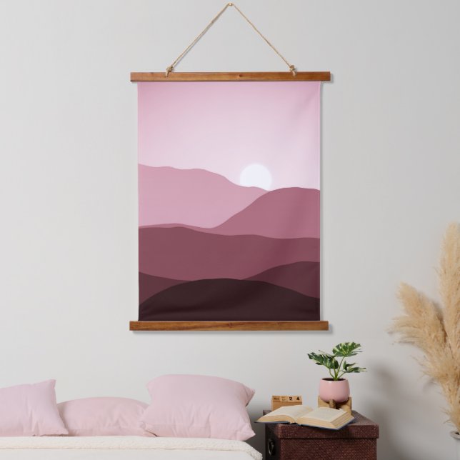 Ferngebirge Dunkle Mauve Blush Pink Sunset Wandteppich Mit Holzrahmen (Schlafzimmer)