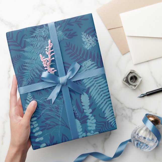Ferns in Blue Wrapping Paper  Geschenkpapier (Schenken)