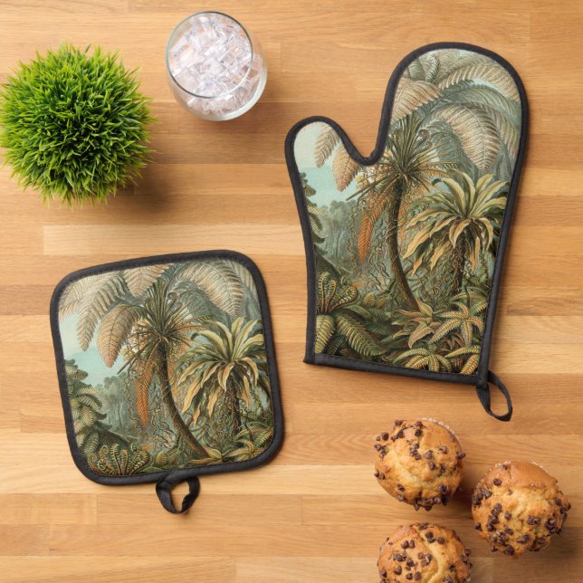 Ferns Palm Tree Antique Botanischer Garten Ofenhandschuh & Topflappen-Set (Oben Unten)
