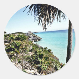 Fernsicht auf Mayan El Castillo, Tulum Runder Aufkleber