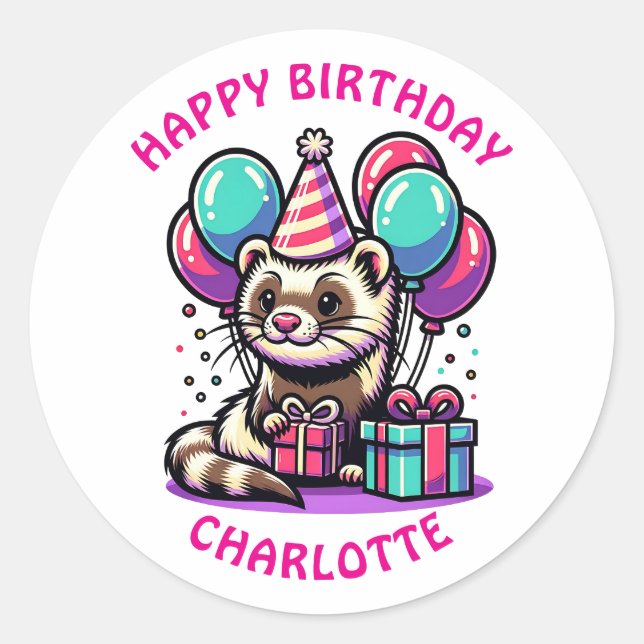 Ferret Themed Girl's Birthday Party Personalisiert Runder Aufkleber (Vorderseite)