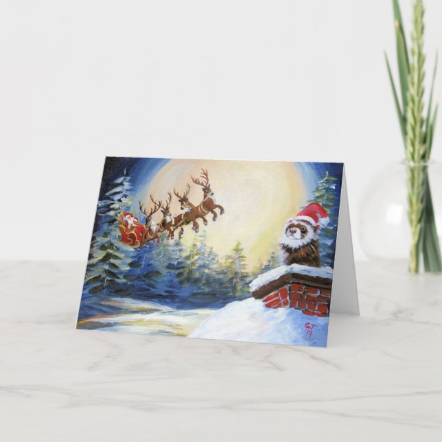 Ferret und Santa mit Sleigh Feiertagskarte (Vorderseite)