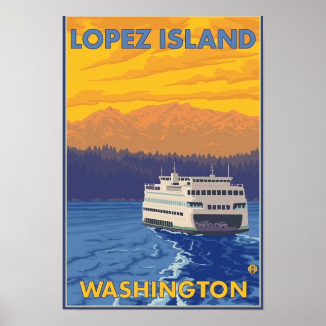 Ferry and Mountains - Lopez Island, Washington Poster (Vorne)