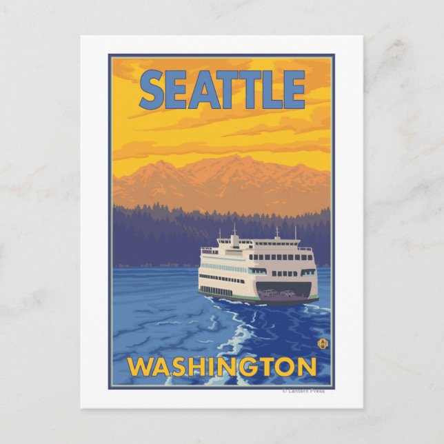 Ferry and Mountains - Seattle, Washington Postkarte (Vorderseite)