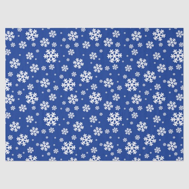 Fest Blaue und weiße Winterschneeflocken Muster Seidenpapier (Vorderseite)