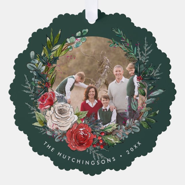 Fest-Blumenkranz-Foto Ornament Karte (Vorderseite)