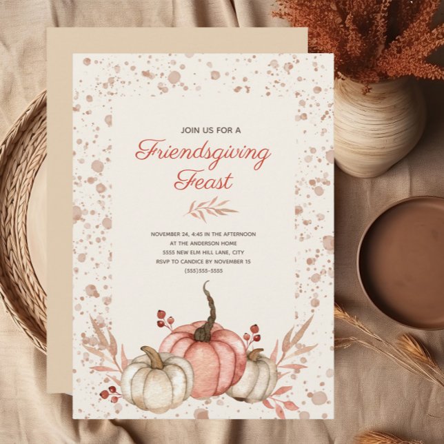 Fest der Freundschaft Rustikales Land Herbst Einladung (Rustic orange and white pumpkins watercolor Friendsgiving Dinner Invitation)