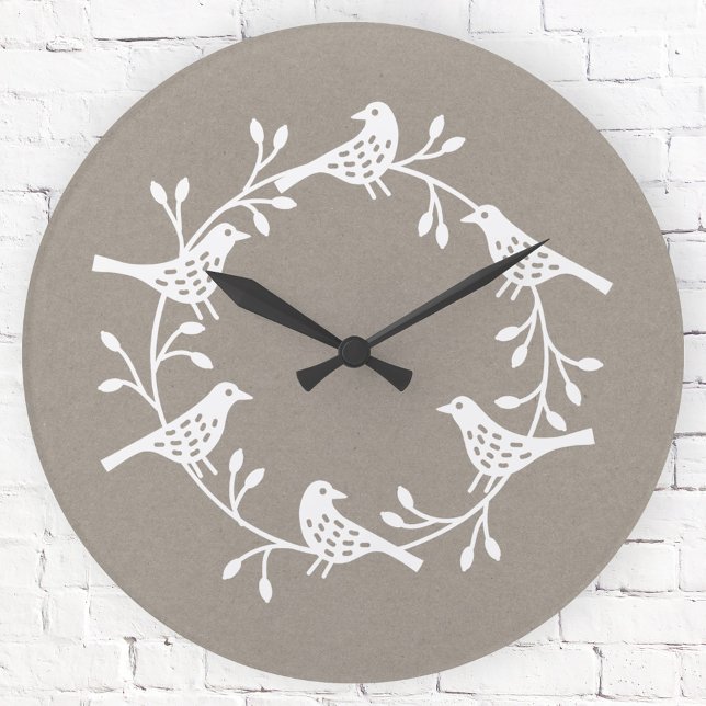 Fest der Vogel und der Blume Skandinavien Runde Wanduhr (Scandinavian folk art style white and neutral beige bird wall clock)