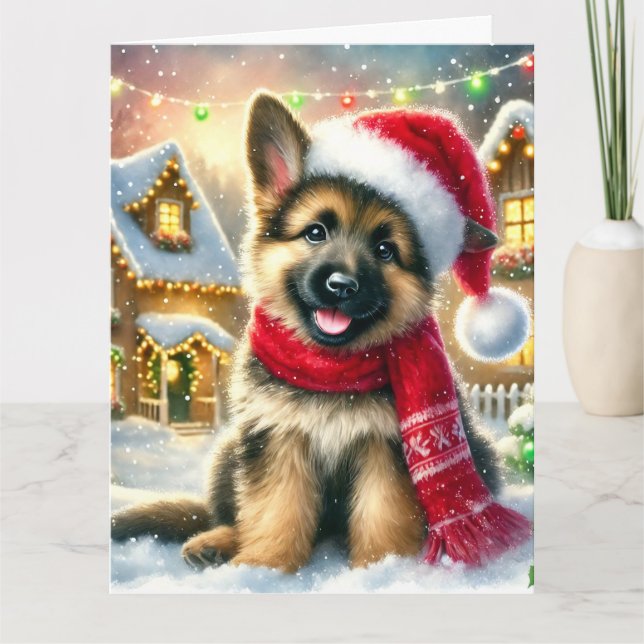 Fest deutscher Schäferwelpen im Weihnachtsdorf Karte (Vorderseite)