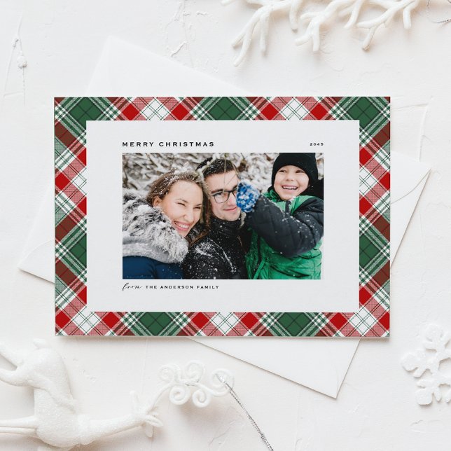 Fest Grün Kariertes Muster Frohe Weihnachten Foto (Festive Red and Green Tartan Plaid Pattern Merry Christmas Photo Holiday Card)