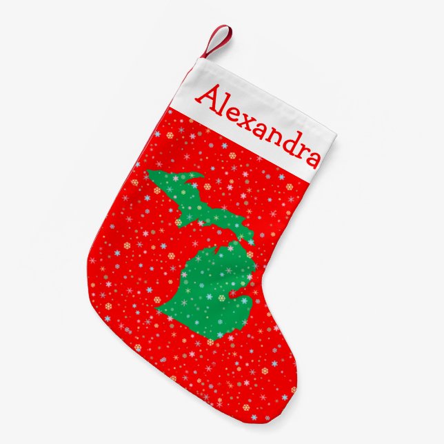 Fest Grün und Rot Karte von Michigan Snowfloakes Kleiner Weihnachtsstrumpf (Vorderansicht (hängend))