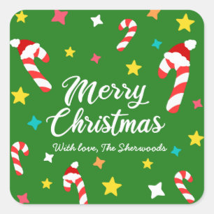 Fest grüne Candy Cane Muster Frohe Weihnachten Quadratischer Aufkleber
