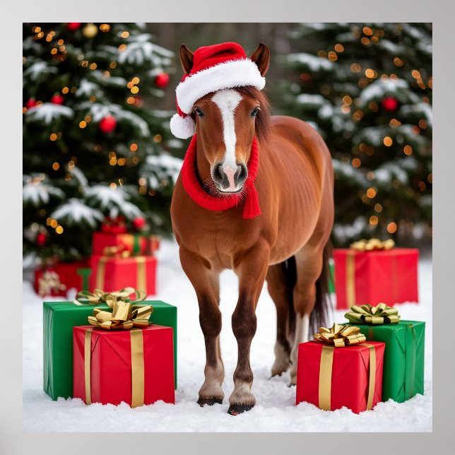 Fest Pferd in Weihnachtsmannmütze Poster (Vorne)