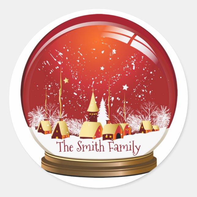 Fest Rot und Weiß Weihnachtsdorf Snow Globe Runder Aufkleber (Vorderseite)