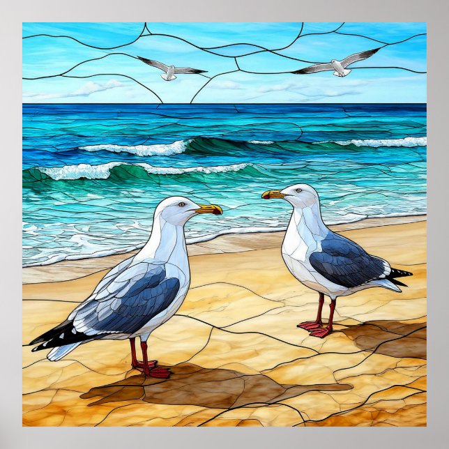Feste Glaskunst von Seagulls am Strand Poster (Vorne)