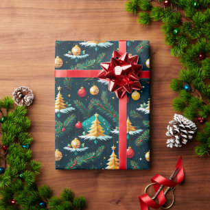 Feste Goldene Bäume & Sterne Weihnachtsverpackungs Geschenkpapier