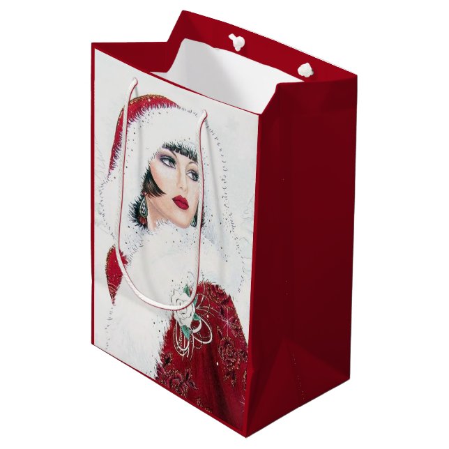 Feste Kunst Deko Retro Weihnachtsfrau Mittlere Geschenktüte (Vorderseite Schrägansicht)