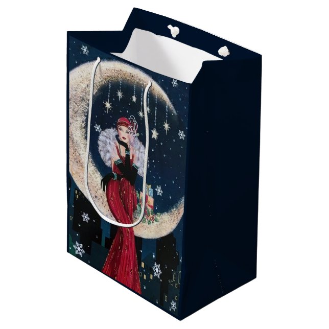 Feste Kunst Deko Retro Weihnachtsfrau Mittlere Geschenktüte (Vorderseite Schrägansicht)