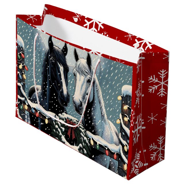 Feste Pferde | Frohe Weihnachten Große Geschenktüte (Vorderseite Schrägansicht)