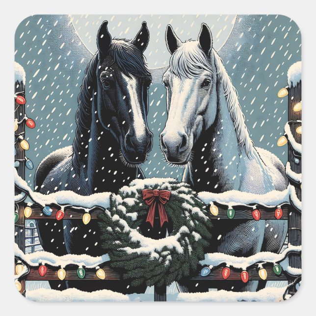 Feste Pferde | Frohe Weihnachten Quadratischer Aufkleber (Vorderseite)