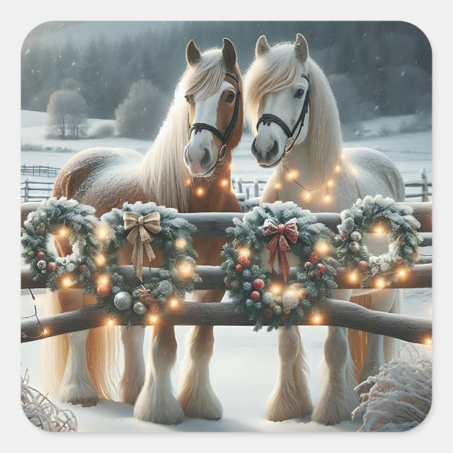 Feste Pferde und Weihnachtslicht Quadratischer Aufkleber (Vorderseite)