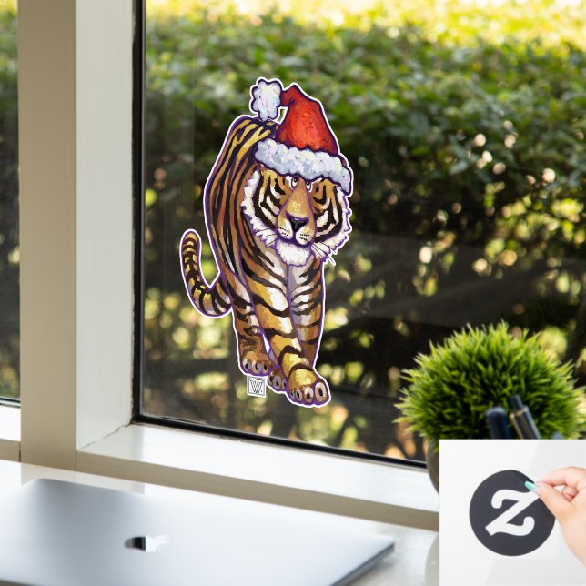 Feste Tiger in einer Weihnachtsmannmütze Fensterkl Fensteraufkleber (Büro)