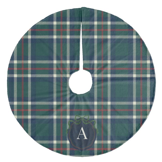 Fester, karierter Monogramm-Weihnachtsbaum-Unterse Fleece Weihnachtsbaumdecke (Vorderseite)