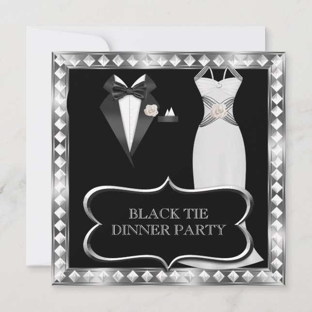 Festes Abendessen Party White Black Krawatte Holly Einladung (Vorderseite)