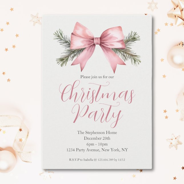 Festes Aquarell Pink Bow Weihnachtsfest Party Einladung (Von Creator hochgeladen)