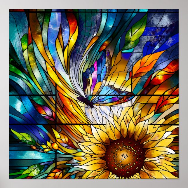 Festes Glas mit Sonnenblumen und Schmetterling Poster (Vorne)