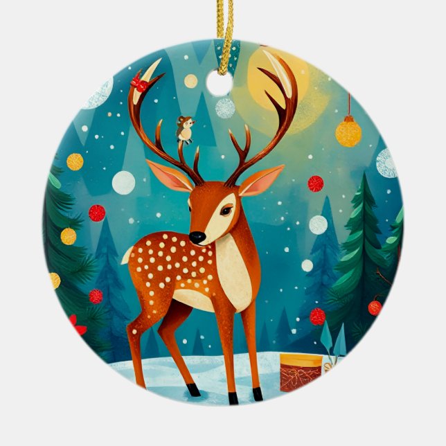 Festes Hirsch im Schneewald Keramik Ornament (Vorne)