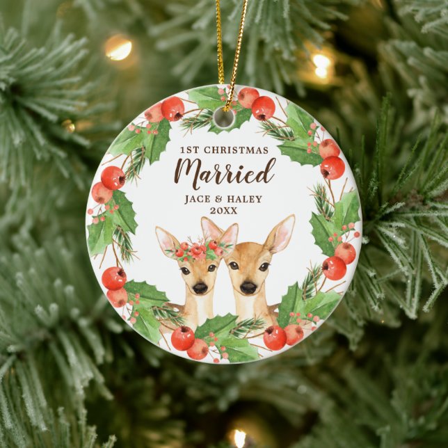 Festes Hirsch Personalisiert 1. Weihnachten Verhei Keramik Ornament (Baum)