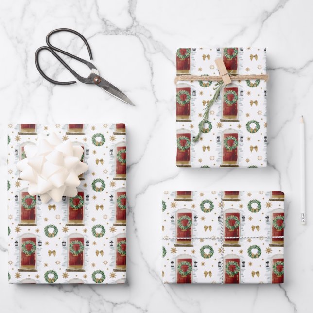 Festes, rote Vordertür-Muster für Wasserfarbe Geschenkpapier Set (Vorderseite)