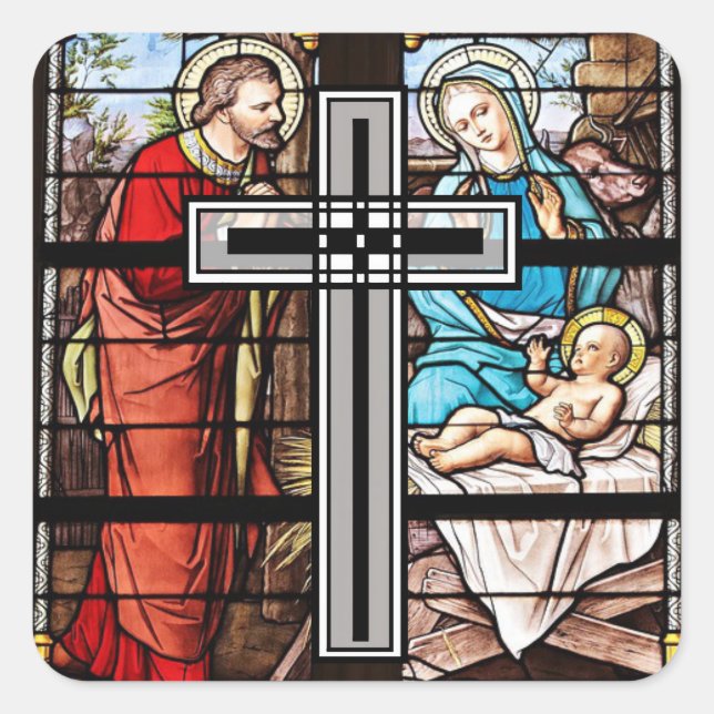 Festgehaltene Glasfenster Kirchenszene Jesus Stick Quadratischer Aufkleber (Vorderseite)