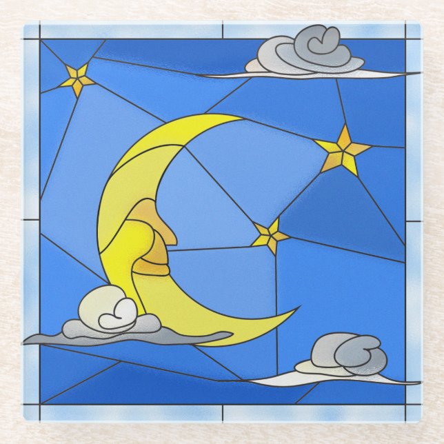 Festgehaltener Glasmond, Sterne und Wolken Glasuntersetzer (Vorderseite)