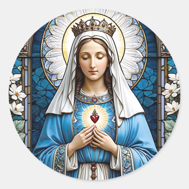 Festgehaltenes Glas Heilige Maria mit heiligen Her Runder Aufkleber (Vorderseite)