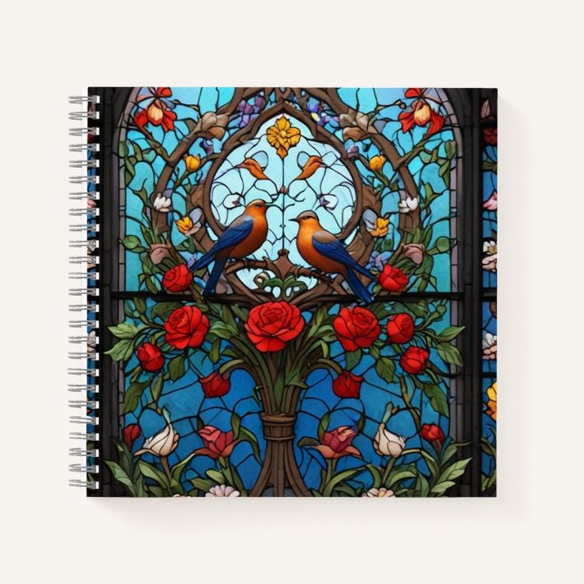 festgehaltenes Glas mit Vögeln und Blume Notizbuch (Vorderseite)